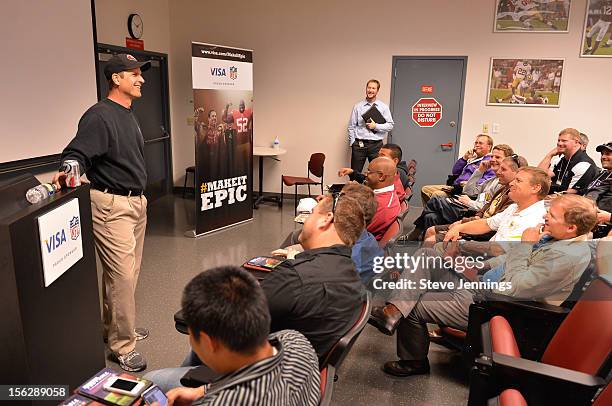 San Francisco 49ers coach Jim Harbaugh attends Game Day Speech Clinic at San Francisco 49ers Practice Facility on November 12, 2012 in Santa Clara,...