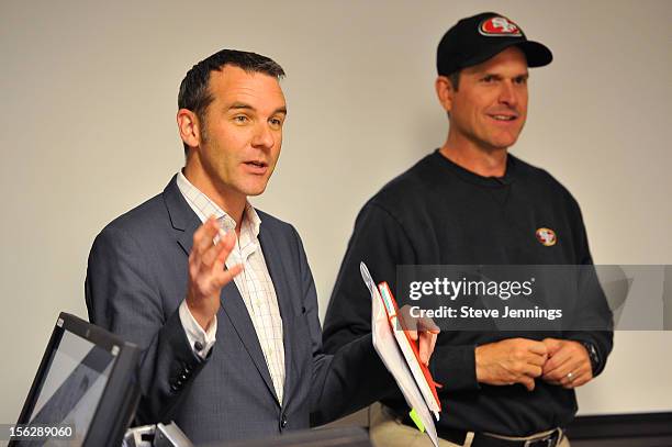 Alex Cradick and Jim Harbaugh attend Game Day Speech Clinic at San Francisco 49ers Practice Facility on November 12, 2012 in Santa Clara, California.