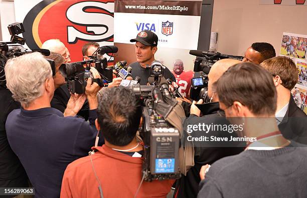 San Francisco 49ers coach Jim Harbaugh attends Game Day Speech Clinic at San Francisco 49ers Practice Facility on November 12, 2012 in Santa Clara,...