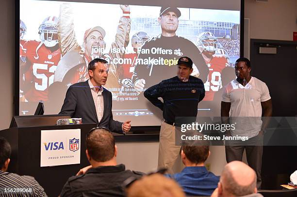 Alex Cradick, Jim Harbaugh and Patrick Willis attend Game Day Speech Clinic at San Francisco 49ers Practice Facility on November 12, 2012 in Santa...