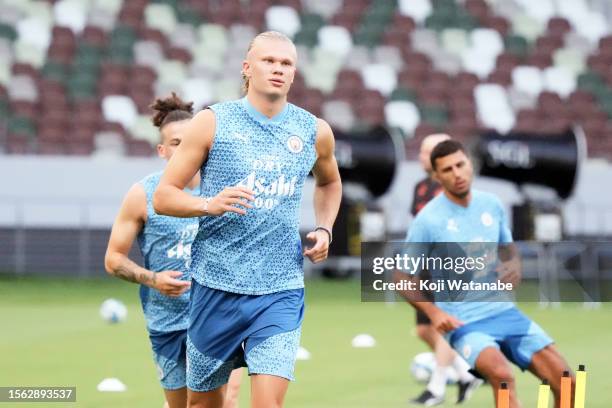 Erling Haaland of Manchester City in action during the Manchester City training session at National Stadium on July 22, 2023 in Tokyo, Japan.