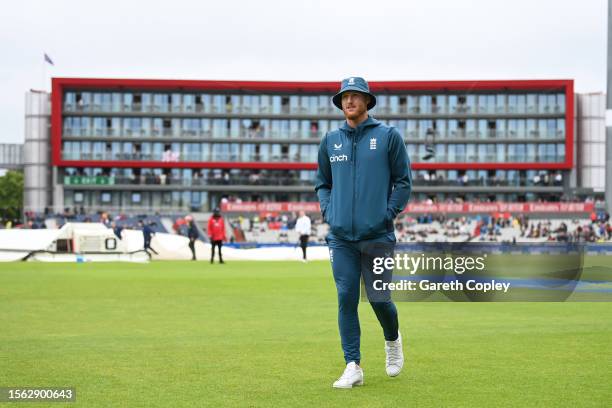 England captain Ben Stokes inspects the field as rain delays the start of day four of LV= Insurance Ashes 4th Test Match between England and...