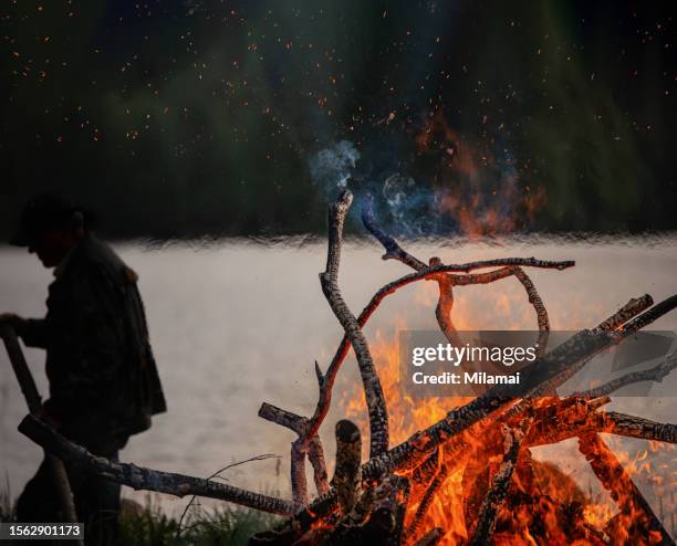 midsummer bonfire on the beach by the lake - bonfire stock pictures, royalty-free photos & images