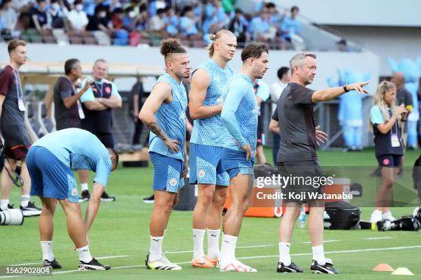 Erling Haaland of Manchester City in action during the Manchester City training session at National Stadium on July 22, 2023 in Tokyo, Japan.