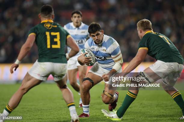 Argentina's flanker Pablo Matera runs with the ball during the Rugby Championship final-round match between South Africa and Argentina at Ellis Park...