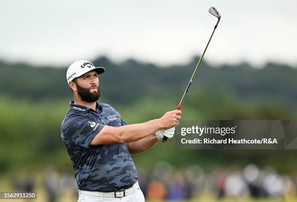 Jon Rahm of Spain plays his second shot h1during Day Three of The 151st Open at Royal Liverpool Golf Club on July 22, 2023 in Hoylake, England.