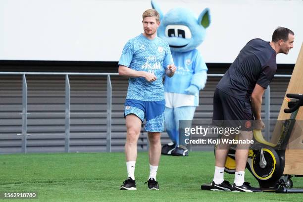 Kevin De Bruyne of Manchester City looks on during the Manchester City press conference & training session attends a press conference at National...