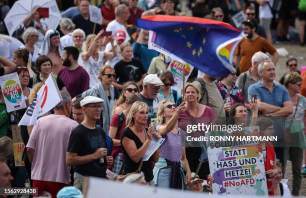 People demonstrate against the European Election Assembly of the German far-right Alternative for Germany party during the AfD's federal party...