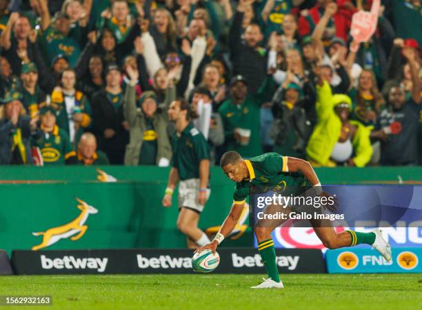 Manie Libbok of the Springboks during The Rugby Championship match between South Africa and Argentina at Emirates Airline Park on July 29, 2023 in...