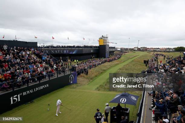 General view as Rory McIlroy of Northern Ireland tees off on the 1st hole on Day Three of The 151st Open at Royal Liverpool Golf Club on July 22,...