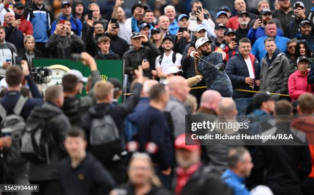 Jon Rahm of Spain tees off on the 15th hole during Day Three of The 151st Open at Royal Liverpool Golf Club on July 22, 2023 in Hoylake, England.