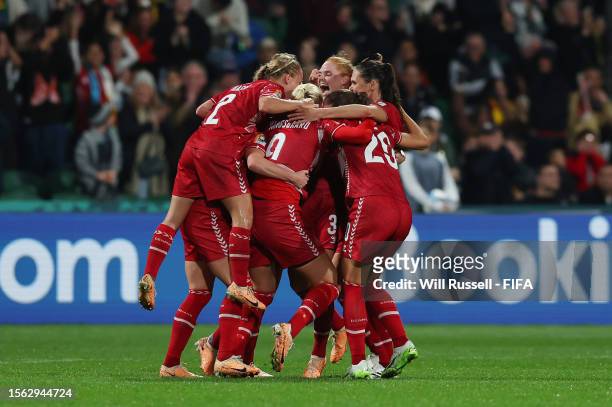 Denmark players celebrate the team's first goal scored by Amalie Vangsgaard during the FIFA Women's World Cup Australia & New Zealand 2023 Group D...
