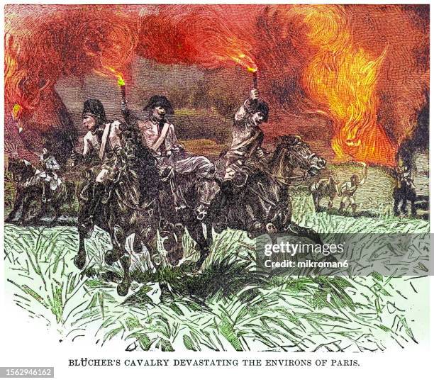 old engraved illustration of gebhard leberecht von blücher's cavalry divesting the environs of paris - battle of waterloo stock pictures, royalty-free photos & images