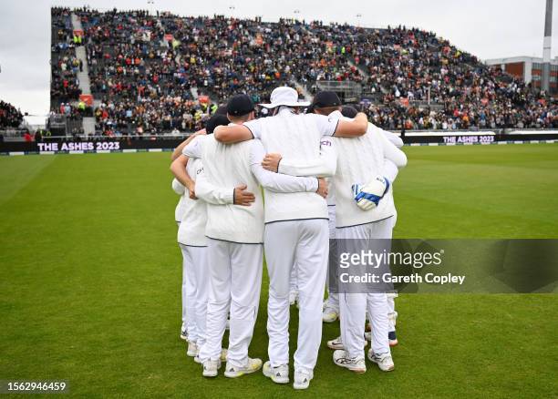 England huddle ahead of taking the field on day four of LV= Insurance Ashes 4th Test Match between England and Australia at Emirates Old Trafford on...
