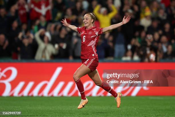 Karen Holmgaard of Denmark celebrates her team’s first goal scored by Amalie Vangsgaard during the FIFA Women’s World Cup Australia & New Zealand...