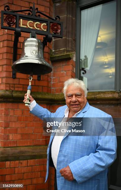 Farokh Engineer rings the bell at the start of play on day four of the LV=Insurance Ashes 4th Test Match between England and Australia at Emirates...