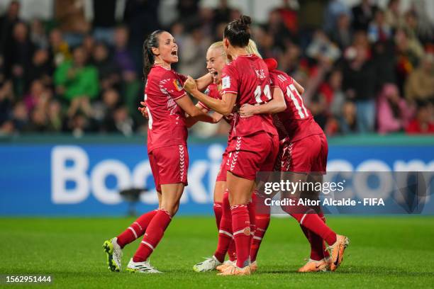 Denmark players celebrate the team's first goal scored by Amalie Vangsgaard during the FIFA Women's World Cup Australia & New Zealand 2023 Group D...