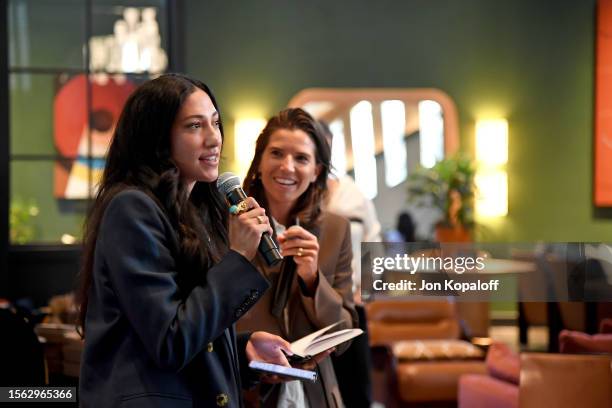 Christen Press and Tobin Heath speak during RE-INC Women's World Cup Watch Party at Chief Clubhouse on July 21, 2023 in Los Angeles, California.