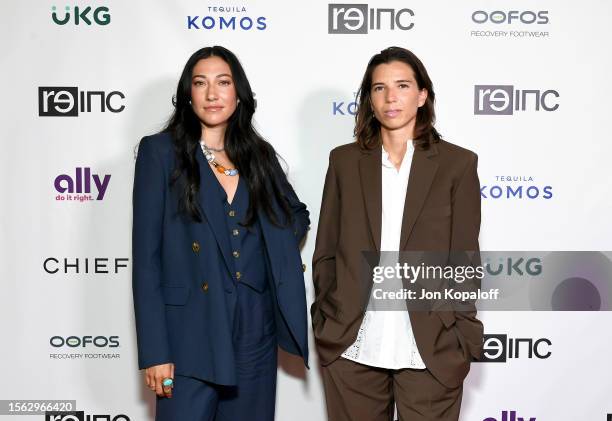 Christen Press and Tobin Heath attend RE-INC Women's World Cup Watch Party at Chief Clubhouse on July 21, 2023 in Los Angeles, California.