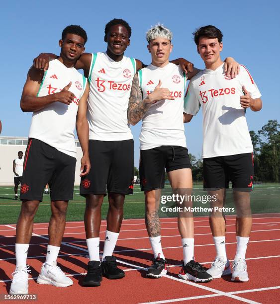 Amad, Kobbie Mainoo, Alejandro Garnacho, Facundo Pellistri of Manchester United in action during a pre-season training session at Pingry School on...