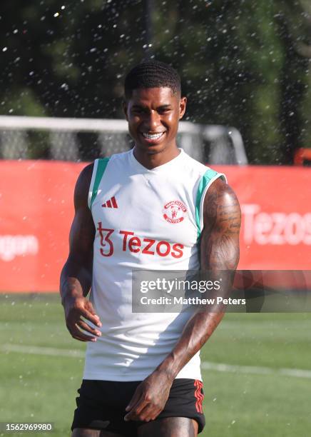 Marcus Rashford of Manchester United in action during a pre-season training session at Pingry School on July 21, 2023 in Basking Ridge, New Jersey.