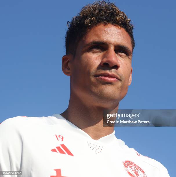 Raphael Varane of Manchester United in action during a pre-season training session at Pingry School on July 21, 2023 in Basking Ridge, New Jersey.