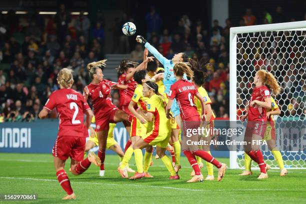 Xu Huan of China PR punches the ball during the FIFA Women's World Cup Australia & New Zealand 2023 Group D match between Denmark and China at Perth...