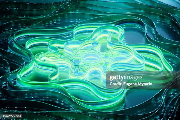 digitally generated image of green glowing futuristic digital data flowing and network structure - smaragdgroen stockfoto's en -beelden