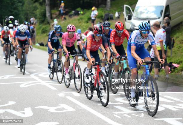 Valentin Madouas of France and Team Groupama-FDJ, Kevin Vermaerke of The United States and Team DSM-Firmenich, Rigoberto Uran of Colombia and Team EF...