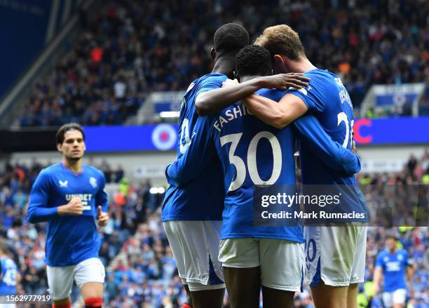 Fashion Sakala of Rangers celebrates scoring during the pre-season friendly match between Rangers and SV Hamburg at Ibrox Stadium on July 22, 2023 in...