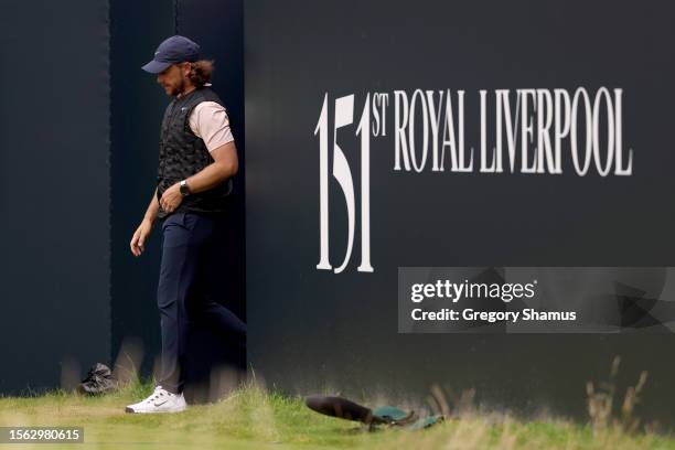 Tommy Fleetwood of England walks out onto the tee box on the 1st hole on Day Three of The 151st Open at Royal Liverpool Golf Club on July 22, 2023 in...