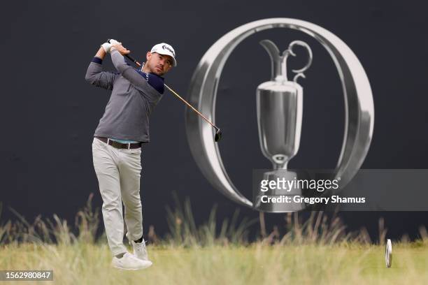Brian Harman of the United States tees off on the 1st hole on Day Three of The 151st Open at Royal Liverpool Golf Club on July 22, 2023 in Hoylake,...
