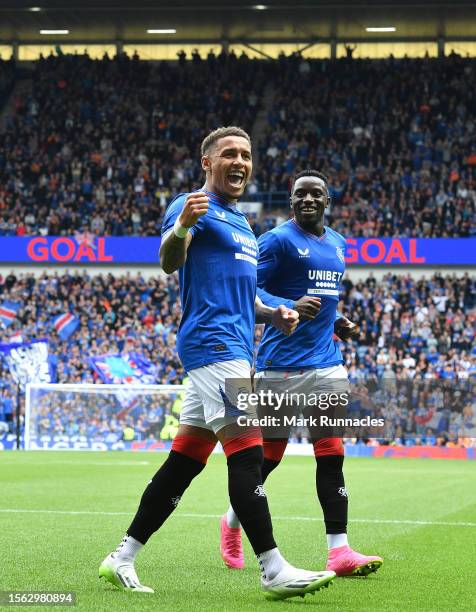 James Tavernier of Rangers celebrates scoring a penalty during the pre-season friendly match between Rangers and SV Hamburg at Ibrox Stadium on July...