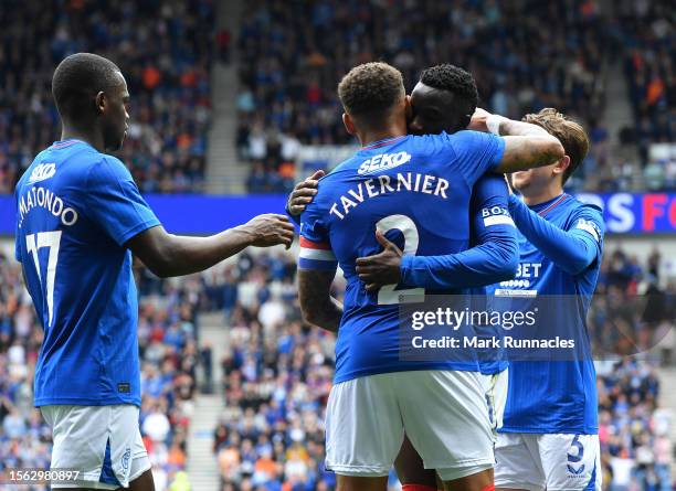 James Tavernier of Rangers celebrates scoring a penalty during the pre-season friendly match between Rangers and SV Hamburg at Ibrox Stadium on July...