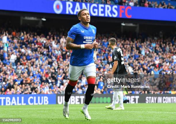 James Tavernier of Rangers celebrates scoring a penalty during the pre-season friendly match between Rangers and SV Hamburg at Ibrox Stadium on July...