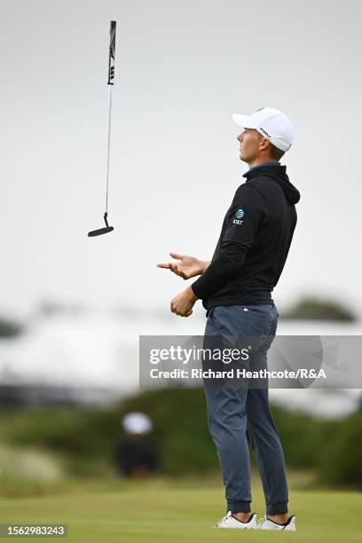 Jordan Spieth of the United States reacts after a missed birdie putt on the 6th green during Day Three of The 151st Open at Royal Liverpool Golf Club...