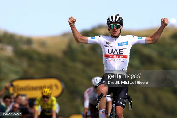 Tadej Pogacar of Slovenia and UAE Team Emirates - White best young jersey celebrates at finish line as stage winner during the stage twenty of the...