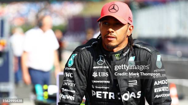 Pole position qualifier Lewis Hamilton of Great Britain and Mercedes celebrates in parc ferme during qualifying ahead of the F1 Grand Prix of Hungary...