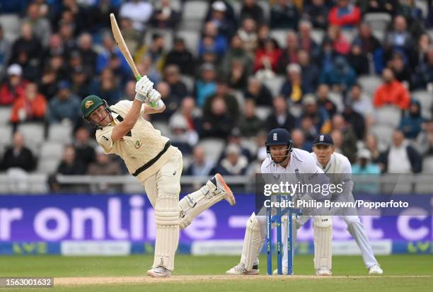 Marnus Labuschagne of Australia hits a six during the fourth day of the 4th Test between England and Australia at Emirates Old Trafford on July 22,...