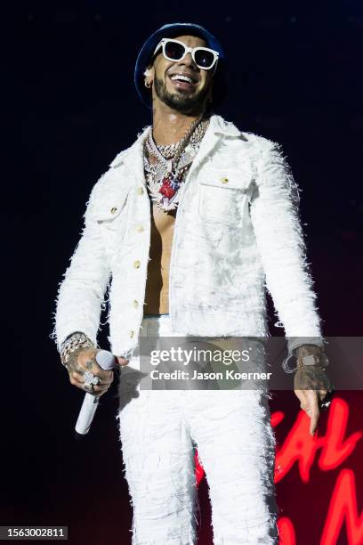 Puerto Rican Rapper Anuel AA performs onstage during day one of Rolling Loud Miami at Hard Rock Stadium on July 21, 2023 in Miami Gardens, Florida.