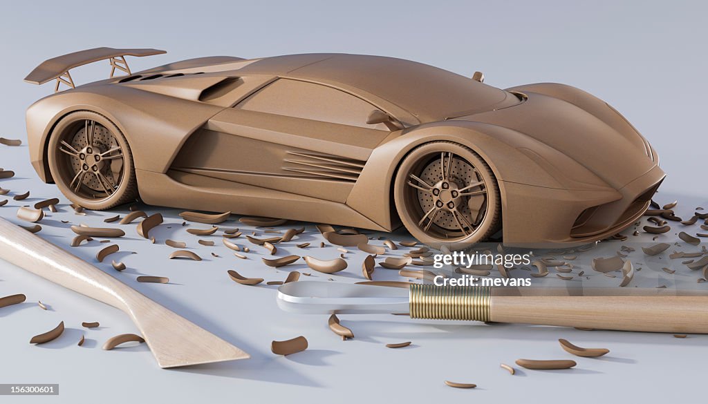 A design of a sculpted car with sculpting tools