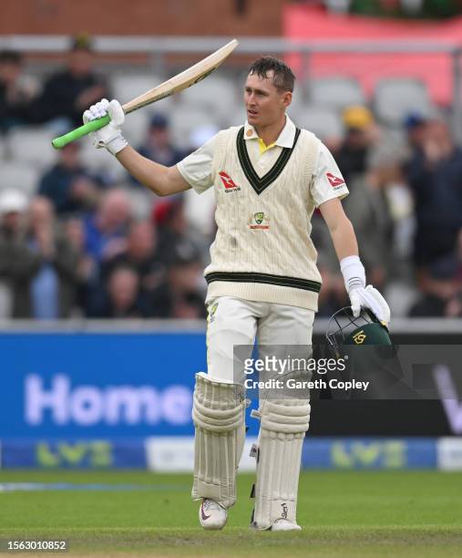 Marnus Labuschagne of Australia celebrates reaching his century during day four of LV= Insurance Ashes 4th Test Match between England and Australia...