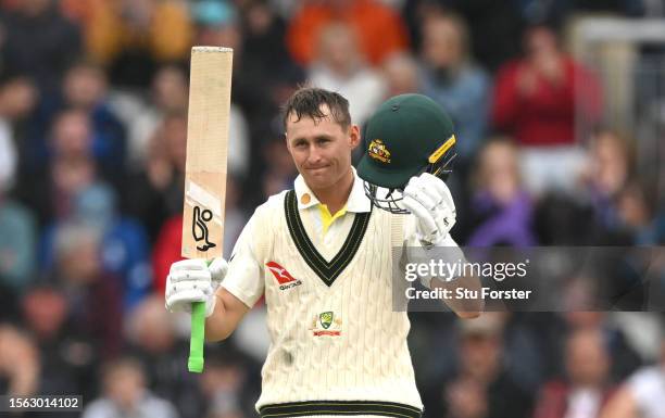 Australia batsman Marnus Labuschagne reaches his century during day four of the LV= Insurance Ashes 4th Test Match between England and Australia at...