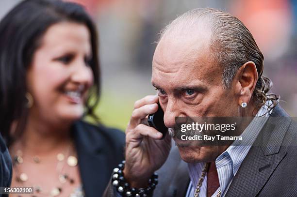 Personalities Ashley Broad and Les Gold tape an interview at "Good Morning America" at the ABC Times Square Studios on November 12, 2012 in New York...