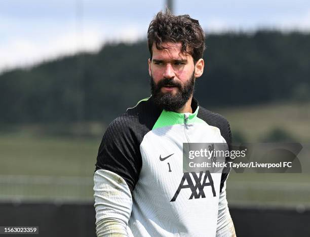 Alisson Becker of Liverpool during a training session on July 22, 2023 in UNSPECIFIED, Germany.