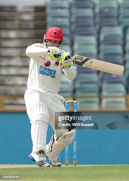 Phil Hughes of the Redbacks strikes the ball during day two of the Sheffield Shield match between the Western Australia Warriors and the South...