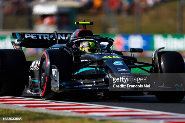 Lewis Hamilton of Great Britain driving the Mercedes AMG Petronas F1 Team W14 on track during qualifying ahead of the F1 Grand Prix of Hungary at...