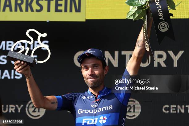 Thibaut Pinot of France and Team Groupama-FDJ celebrates at podium as most combative rider trophy during the stage twenty in his last participation...