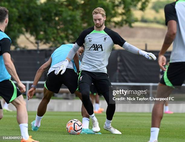 Caoimhin Kelleher of Liverpool during a training session on July 22, 2023 in UNSPECIFIED, Germany.