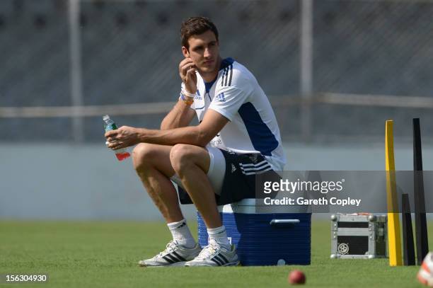 Steven Finn of England sits out a nets session at Sardar Patel Stadium on November 13, 2012 in Ahmedabad, India.